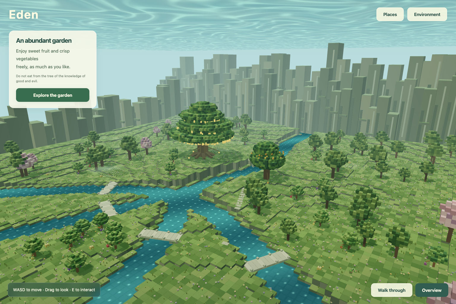 Eden browser prototype scene with English website-preview interface, showing a block landscape with trees and flowers