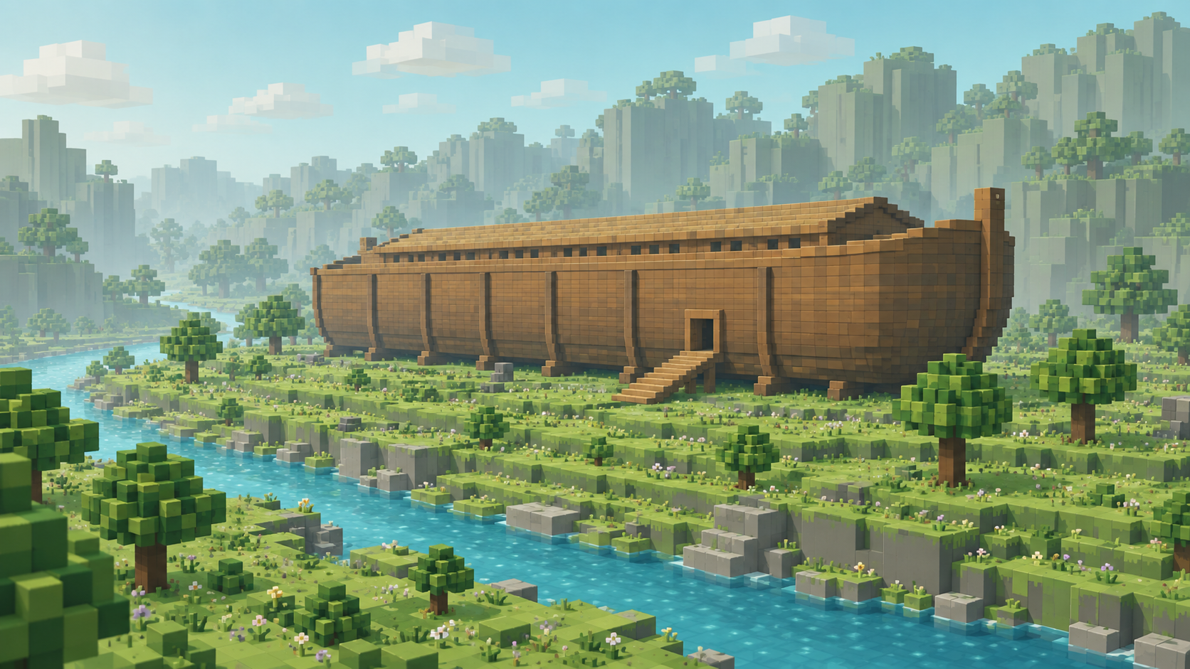 Concept illustration of a wooden block-style ark in a river valley